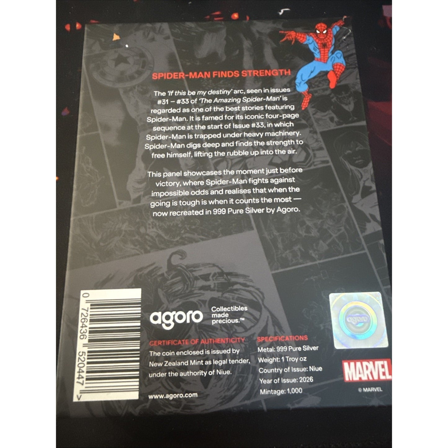 2026 Marvel Spider-Man Finds Strength Silver 1 oz Agoro Art Bar - 1000 Minted!
