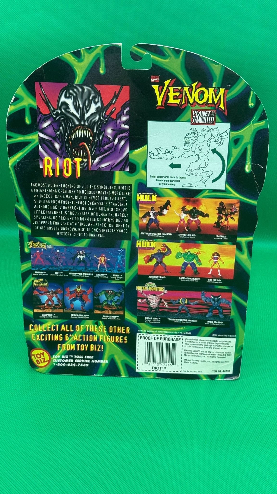 MISP TOYBIZ Marvel SPIDER - MAN VENOM Planet Symbiotes RIOT 9" Action Figure 1996 - toyscardscomics
