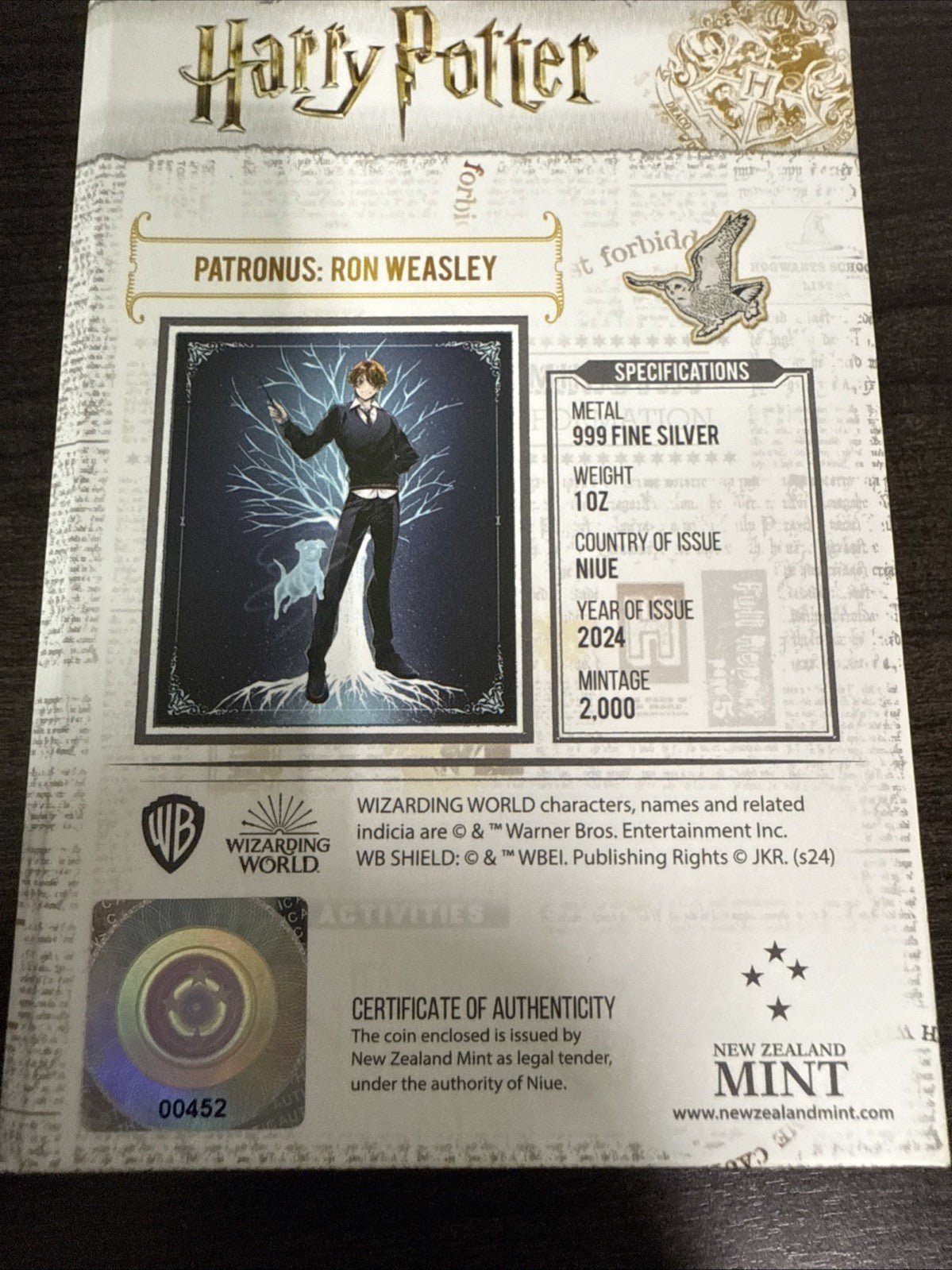 Niue - 2024 - HARRY POTTER - Patronus: Ron Weasley - 1oz Silver Proof Coin - toyscardscomics