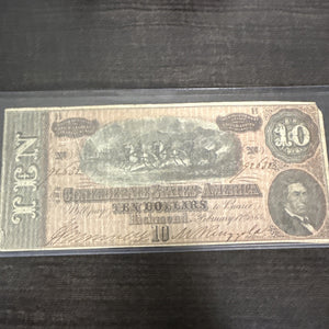1864 Confederate States of America - $10 Ten Dollars Civil War Note ~ Richmond