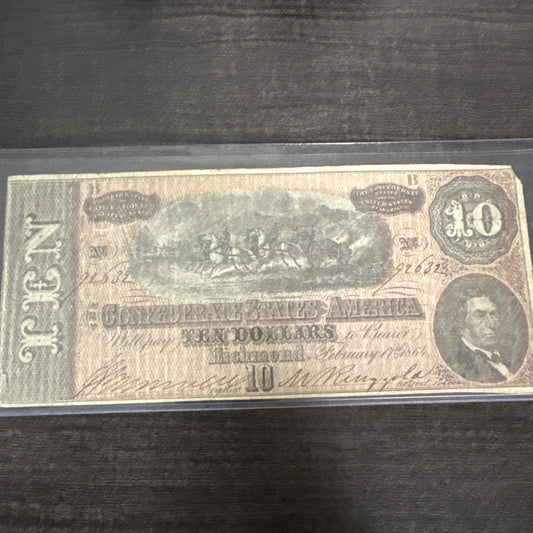 1864 Confederate States of America - $10 Ten Dollars Civil War Note ~ Richmond - toyscardscomics