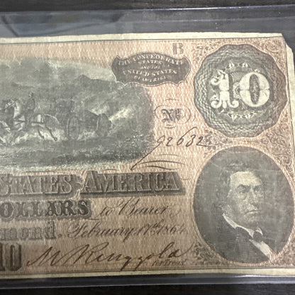 1864 Confederate States of America - $10 Ten Dollars Civil War Note ~ Richmond - toyscardscomics