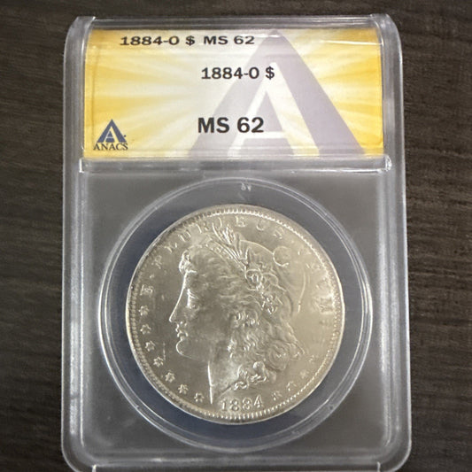 1884 O Morgan Dollar MS 62 ANACS Silver Uncirculated - toyscardscomics