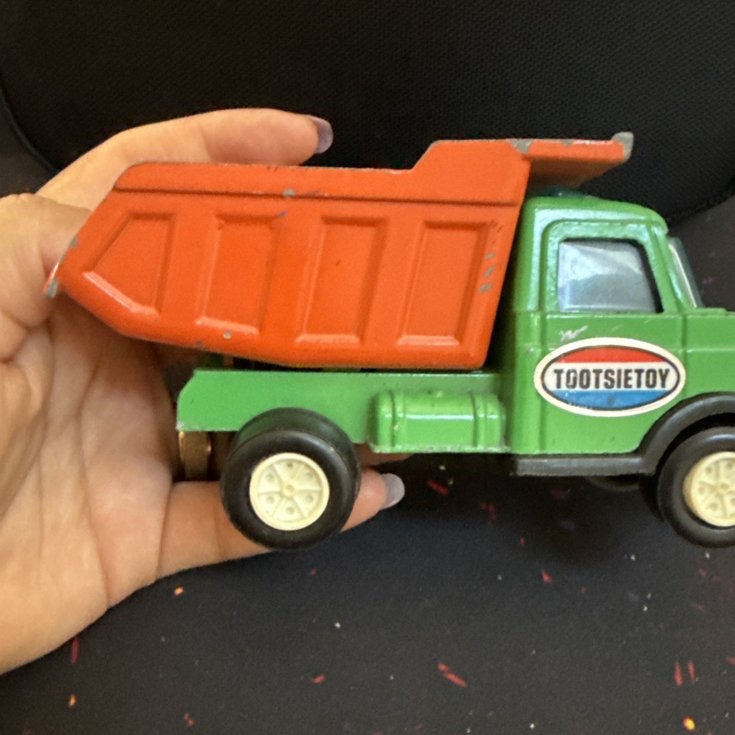 Vintage Tootsie Toy Dump Truck Green And Orange 5.75” Long Pressed Metal Car