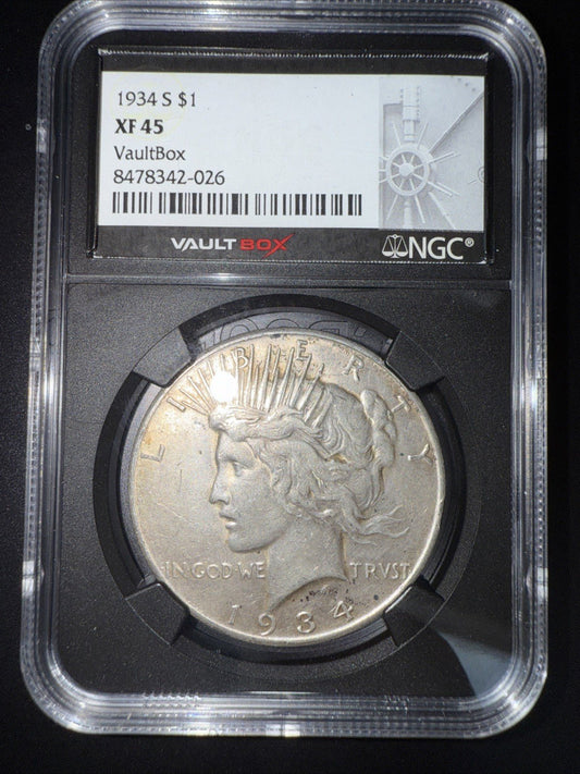1934 S Peace Silver Dollar XF45 Key Date Peace Vault box NGC - toyscardscomics