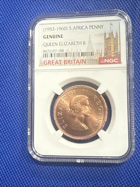 (1953 - 1960) 1960 South Africa Elizabeth II Penny Genuine NGC Slab - toyscardscomics
