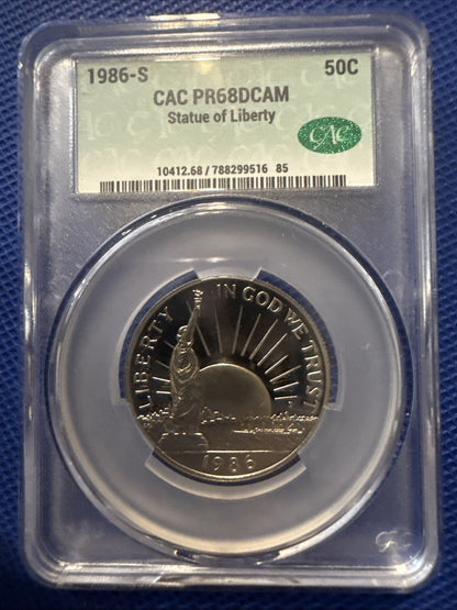 1986 - S Clad Proof Statue of Liberty Commemorative Half Dollar CAC PR68DCAM - toyscardscomics