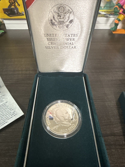 1990 United States Eisenhower Centennial Proof Silver Dollar - In Box With COA - toyscardscomics