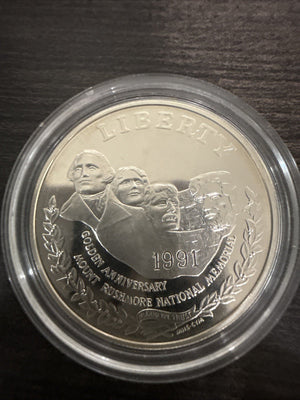 1991 S Mount Rushmore 50th Anniversary Silver Proof Commemorative Dollar- COA