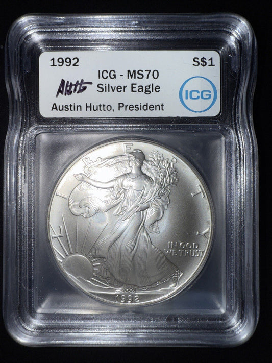 1992 $1 AMERICAN SILVER EAGLE ICG MS70 AUSTIN HUTTO HAND SIGNED LABEL - RedBook$1k - toyscardscomics