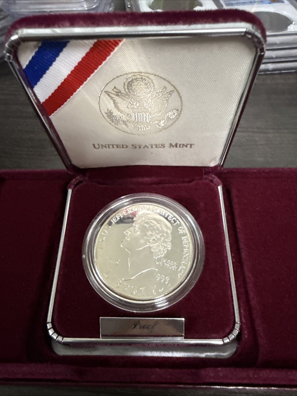 1993 - S Thomas Jefferson Architect Of Democracy 250th Anniversary Silver Dollar - toyscardscomics