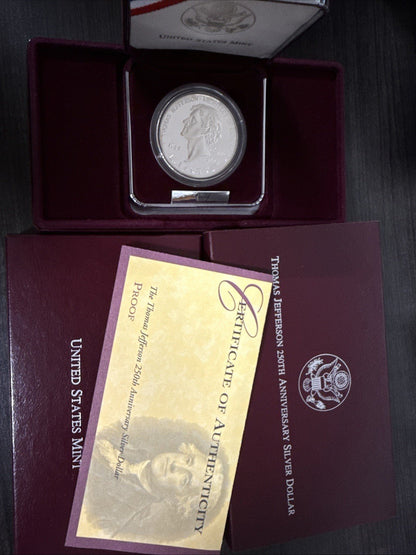 1993 - S Thomas Jefferson Architect Of Democracy 250th Anniversary Silver Dollar - toyscardscomics