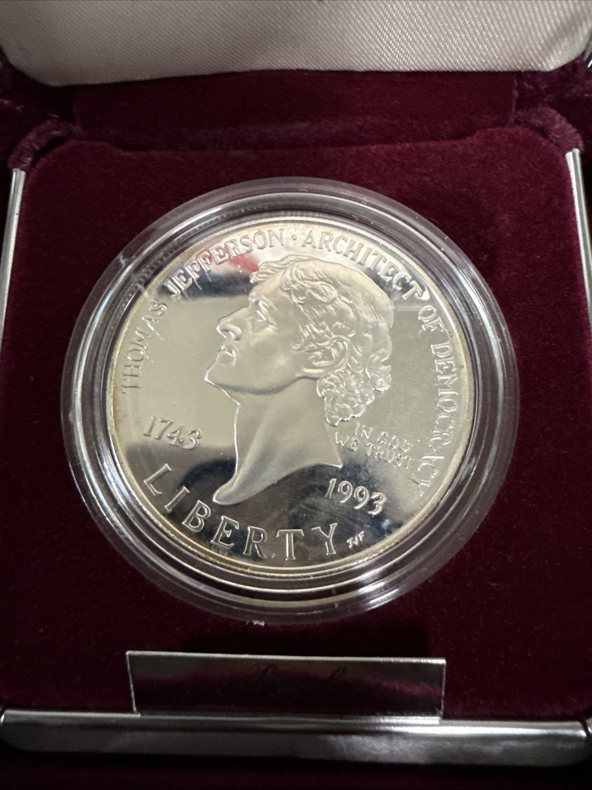 1993 - S Thomas Jefferson Architect Of Democracy 250th Anniversary Silver Dollar - toyscardscomics
