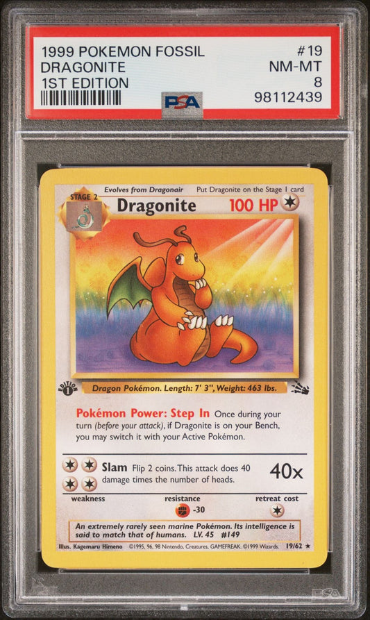 1999 POKEMON FOSSIL 19 DRAGONITE 1ST EDITION - toyscardscomics