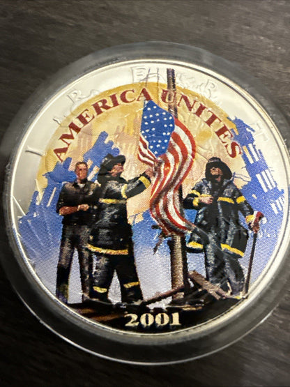 2001 9/11 Remembering Our Heroes 1 oz .999 Fine Silver Colorized Round - toyscardscomics