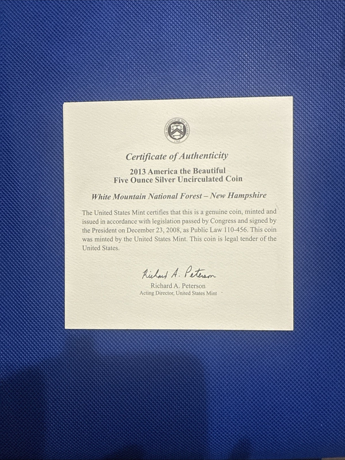 2013 - P 5 oz. SILVER ATB w/Box & Papers (White Mountain, New Hampshire) - toyscardscomics