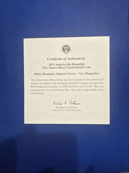 2013 - P 5 oz. SILVER ATB w/Box & Papers (White Mountain, New Hampshire) - toyscardscomics