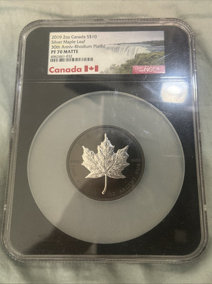 2019 Canada $10 Silver Maple Leaf Rhodium Plated PF70 - toyscardscomics