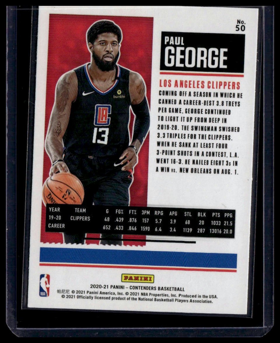 2020 - 21 Panini Contenders #50 Paul George Game Ticket Green - toyscardscomics