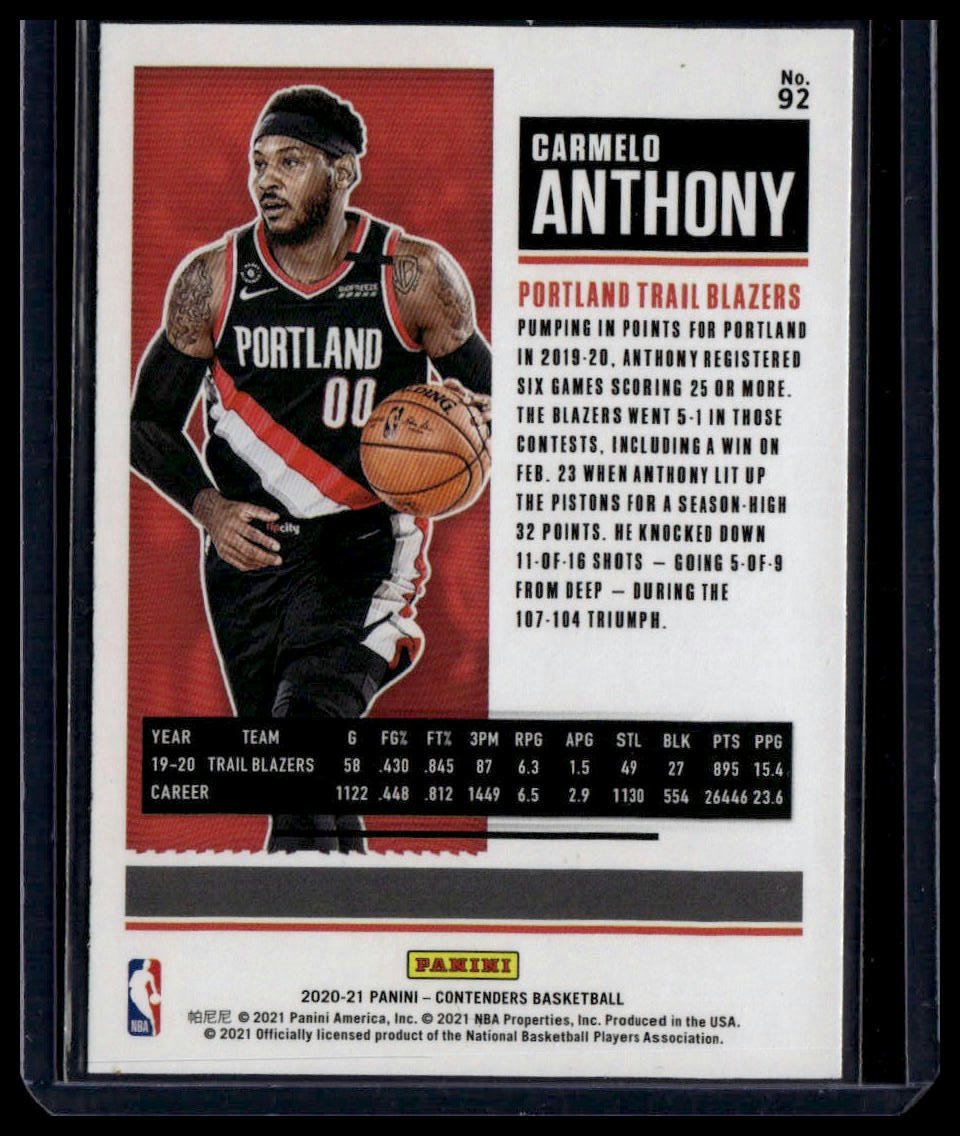 2020 - 21 Panini Contenders #92 Carmelo Anthony Game Ticket Bronze - toyscardscomics