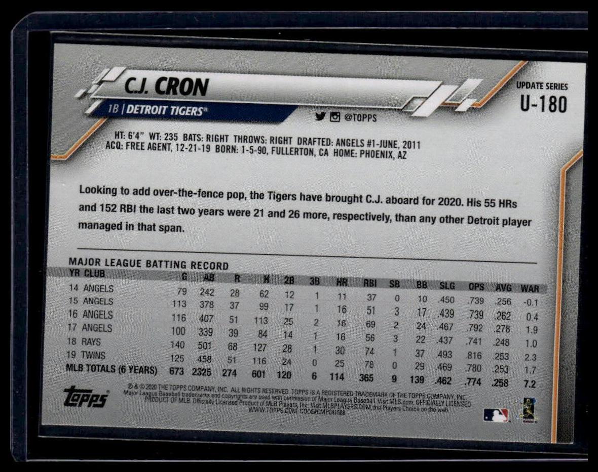 2020 Topps Update #U - 180 C.J. Cron - toyscardscomics