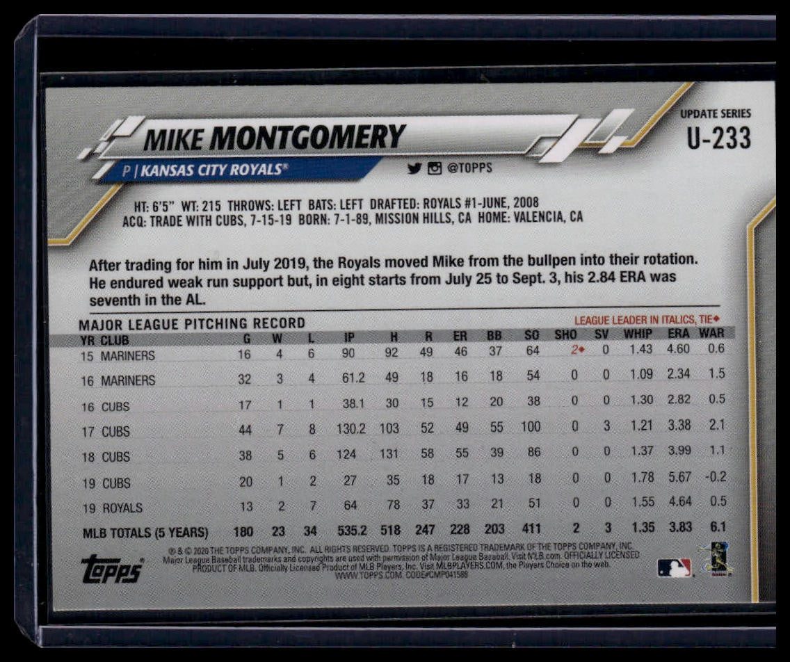2020 Topps Update #U - 233 Mike Montgomery Gold #/2020 - toyscardscomics