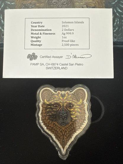 2021 GRIZZLY BEAR Spirit Animals 1 oz Silver Coin $2 Solomon Islands PAMP - toyscardscomics