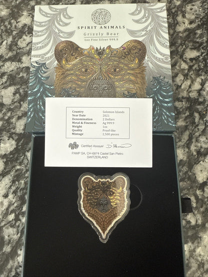 2021 GRIZZLY BEAR Spirit Animals 1 oz Silver Coin $2 Solomon Islands PAMP - toyscardscomics