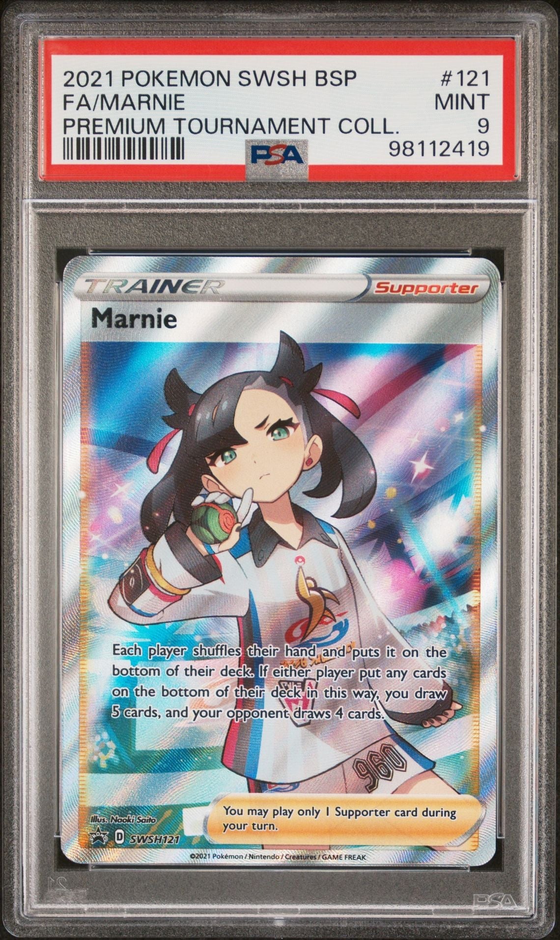 2021 POKEMON SWSH BLACK STAR PROMO 121 FULL ART/MARNIE MARNIE PREMIUM TOURNAMENT COLLECTION - toyscardscomics