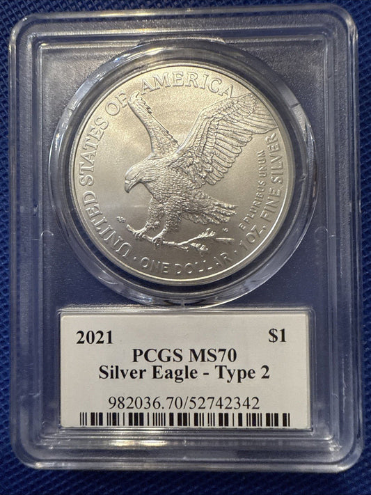 2021 Ultra Breaks Silver Eagle Gold Rush Label Type 2 PCGS MS 70 - toyscardscomics