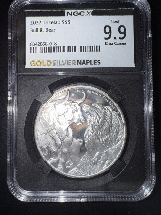 2022 TOKELAU ISLANDS Silver 5 DOLLARS NGCX 9.9 Ultra Cameo Bull & Bear - toyscardscomics
