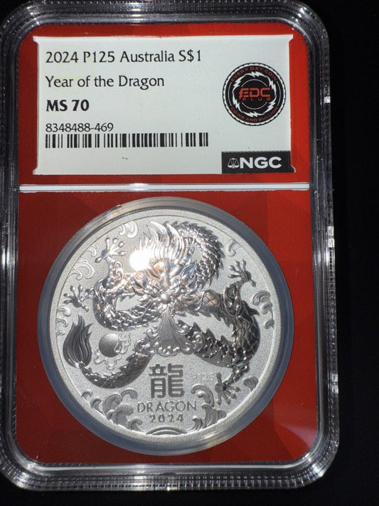 2024 P125 Australia 1 Oz .999 Fine Silver Lunar Year of the Dragon NGC MS70 S$1 - toyscardscomics