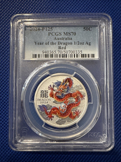 2024 - P125 Australia 50C Silver Year of the Dragon Red PCGS MS 70 - toyscardscomics