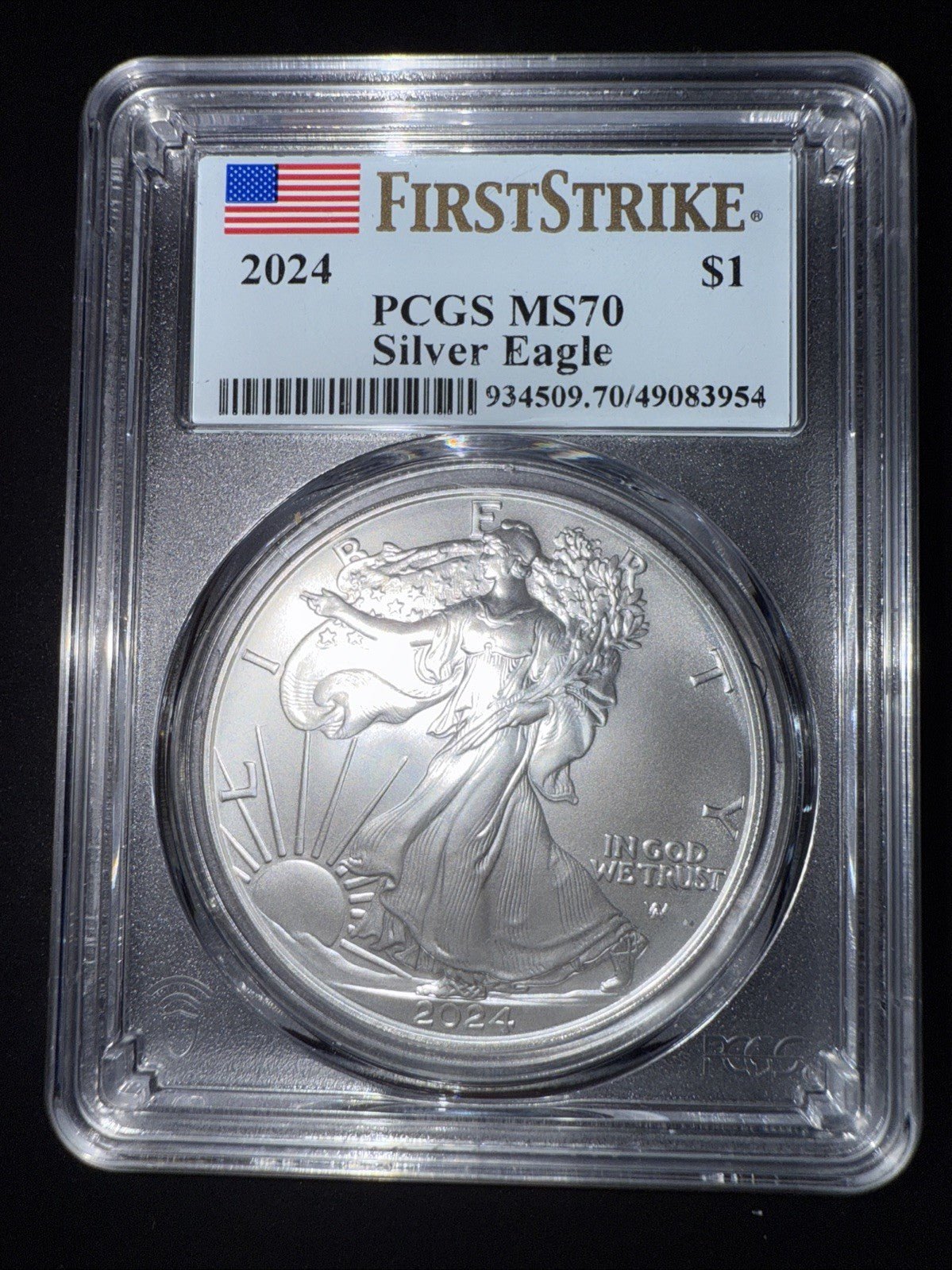 2024 US $1 American Silver Eagle, 1 oz .999 Fine Silver, PCGS MS70 First Strike - toyscardscomics