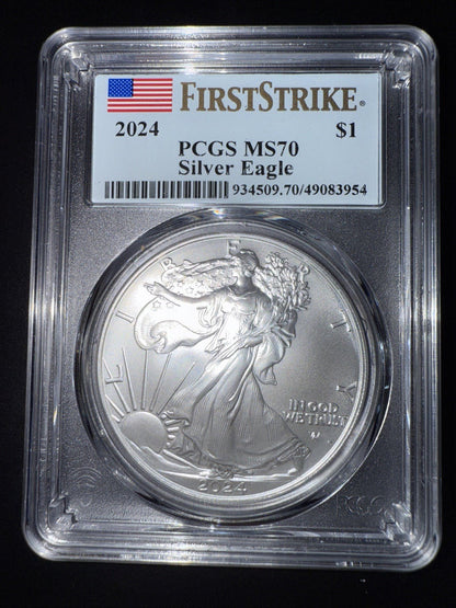 2024 US $1 American Silver Eagle, 1 oz .999 Fine Silver, PCGS MS70 First Strike - toyscardscomics