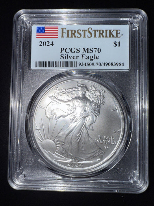2024 US $1 American Silver Eagle, 1 oz .999 Fine Silver, PCGS MS70 First Strike - toyscardscomics