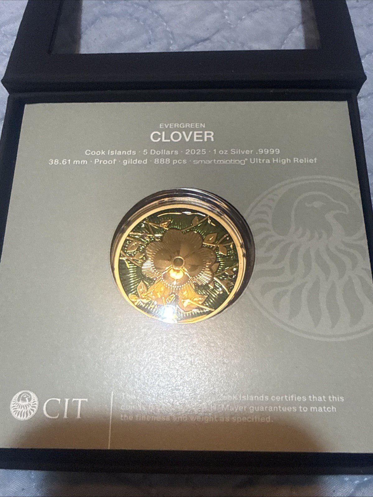 2025 1 Oz .9999 Silver CIT Cook Islands Evergreen Clover Gold Gilded Silver Coin - toyscardscomics