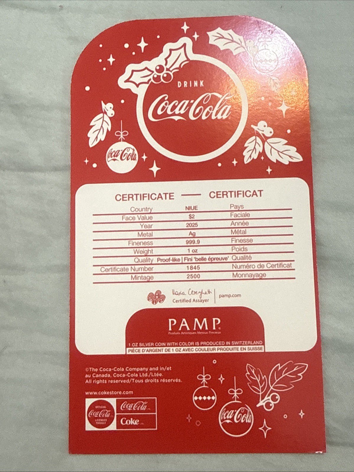 2025 1 Oz .9999 Silver Niue Coca - Cola Holiday Bottle Tin Colorized Shaped Ltd. - toyscardscomics