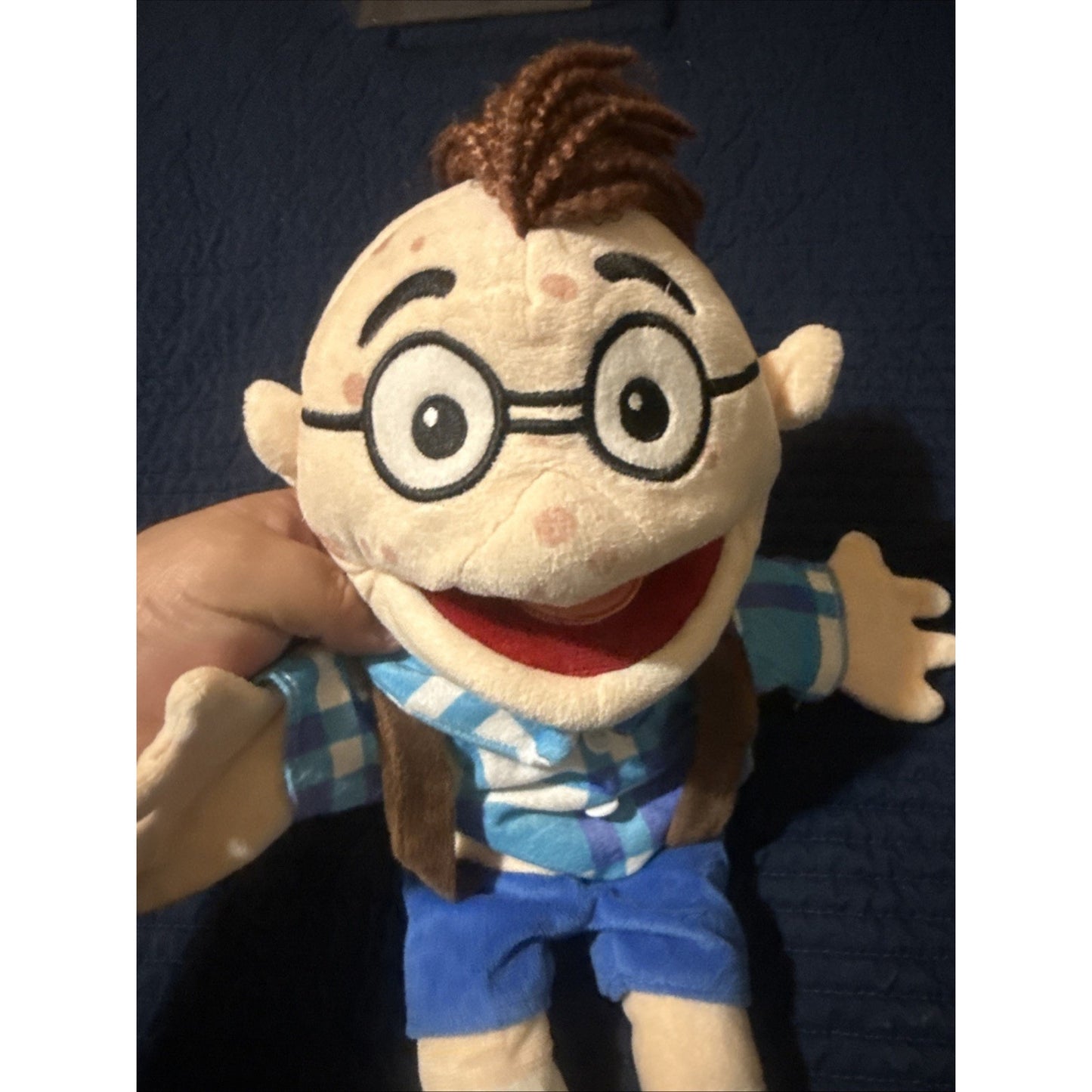Nerd Boy Plush Hand Puppet Character w/ Glasses Blue Shirt Brown Shoes