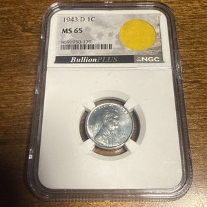 1943 D Lincoln Wheat Steel Cent NGC MS 65 with Parachute Fragment -WW II Era