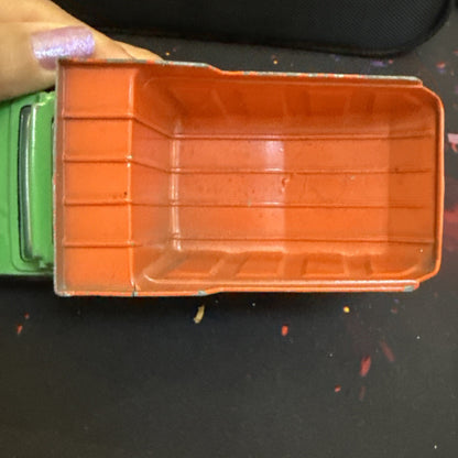 Vintage Tootsie Toy Dump Truck Green And Orange 5.75” Long Pressed Metal Car