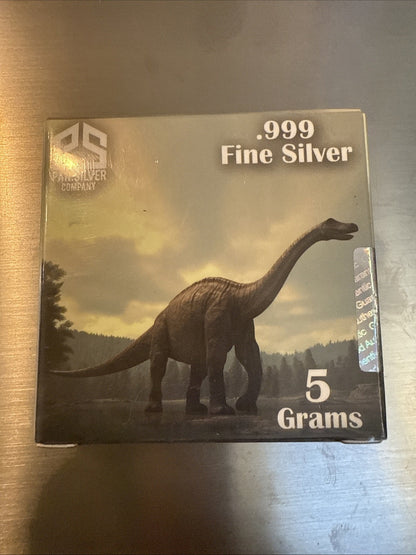 5 Gram .999 Fine Silver Brontosaurus by the Pan Silver Company. Sealed - toyscardscomics