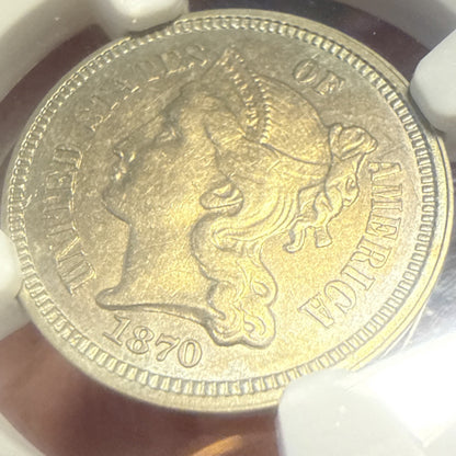 1870 Three Cent Nickel PCGS AU58 3CN - Bullion Plus - Light Toning