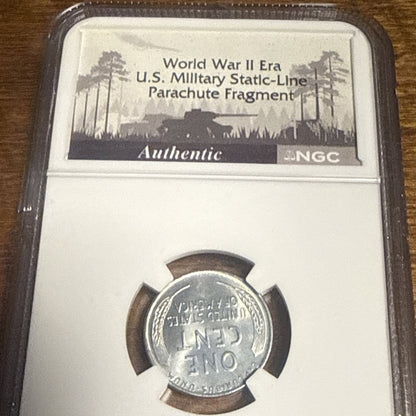 1943 D Lincoln Wheat Steel Cent NGC MS 65 with Parachute Fragment -WW II Era
