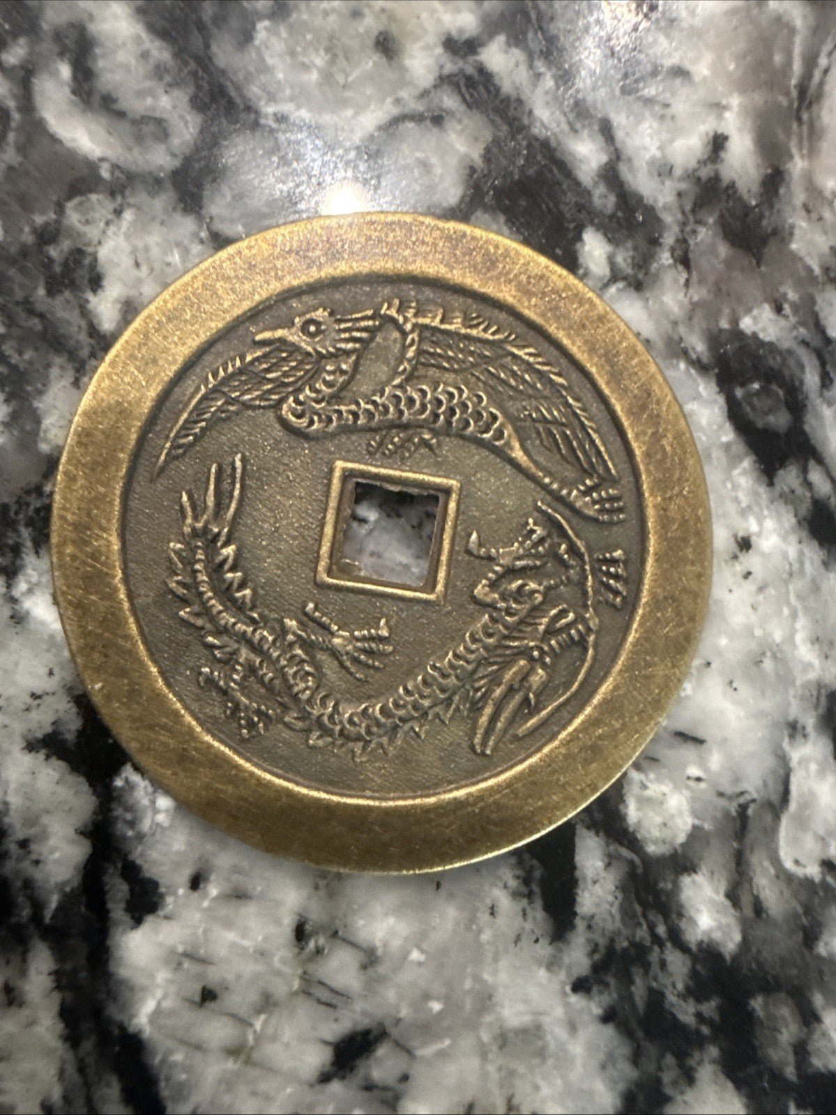 6 Aluminum 38MM Chinese Token with Symbols, dragon, bird. - toyscardscomics