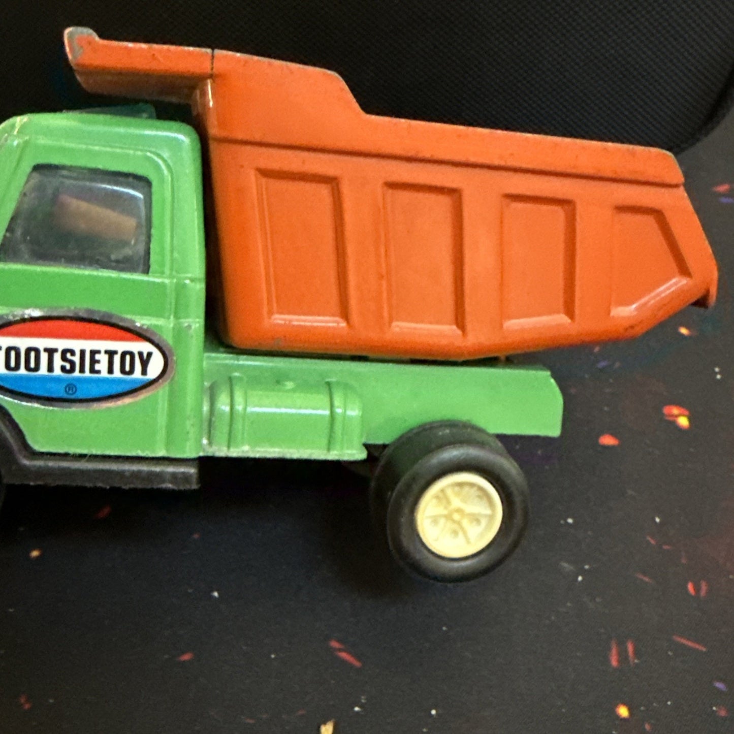 Vintage Tootsie Toy Dump Truck Green And Orange 5.75” Long Pressed Metal Car