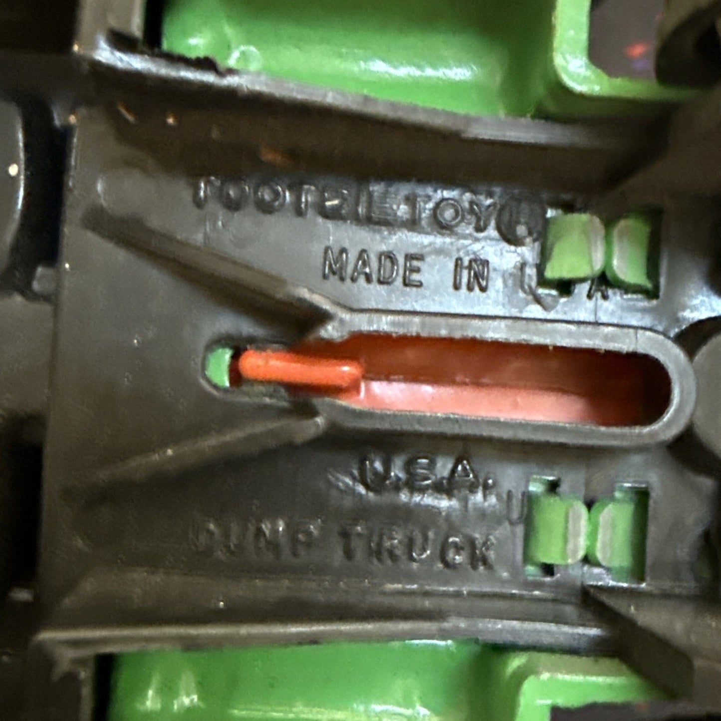 Vintage Tootsie Toy Dump Truck Green And Orange 5.75” Long Pressed Metal Car