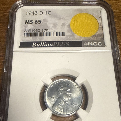 1943 D Lincoln Wheat Steel Cent NGC MS 65 with Parachute Fragment -WW II Era