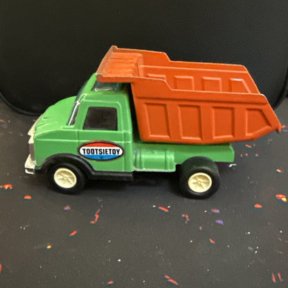 Vintage Tootsie Toy Dump Truck Green And Orange 5.75” Long Pressed Metal Car