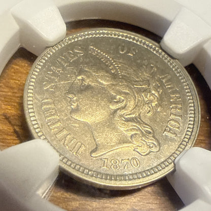 1870 Three Cent Nickel PCGS AU58 3CN - Bullion Plus - Light Toning